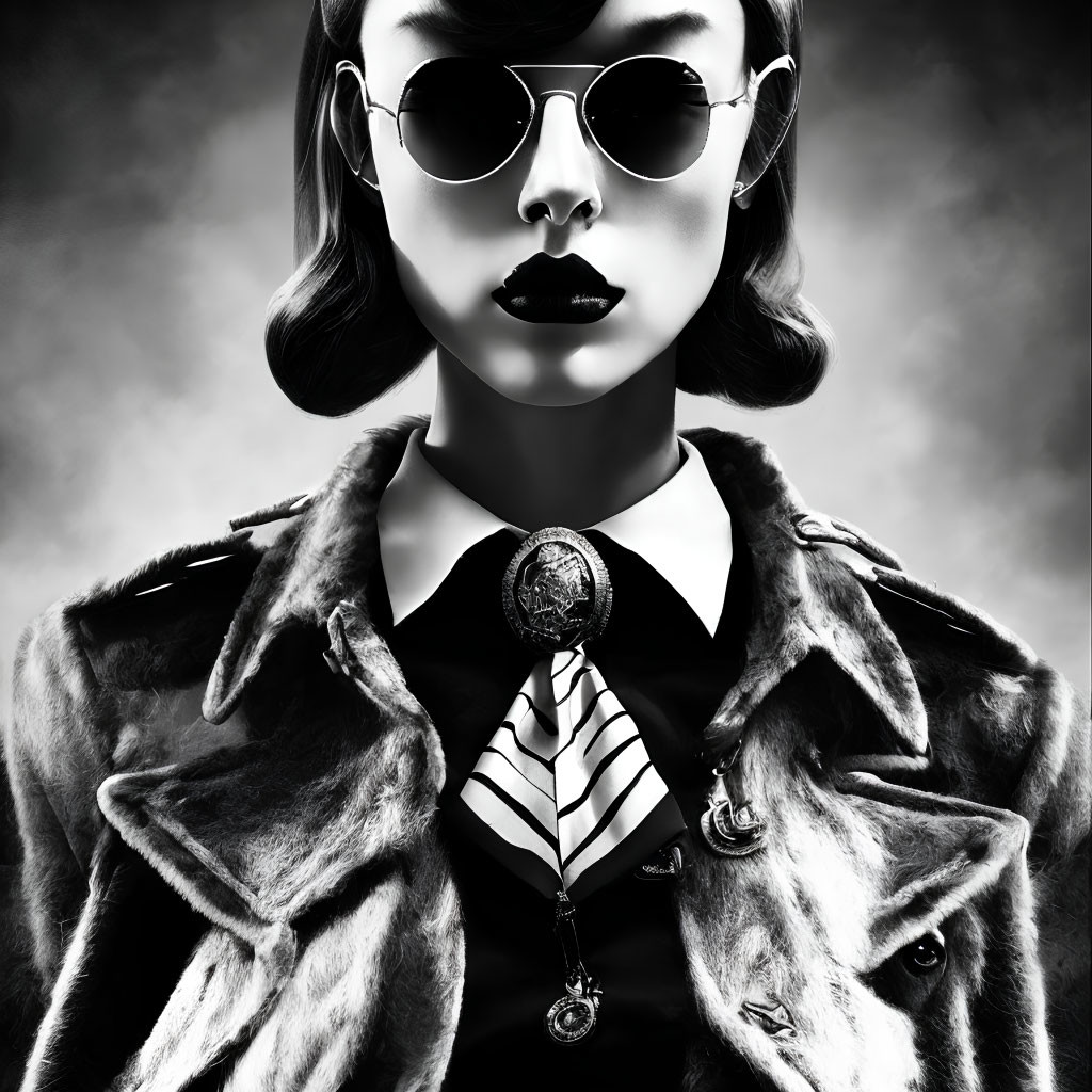 Monochromatic portrait of woman in sunglasses, striped tie, brooch, and wolf head fur coat