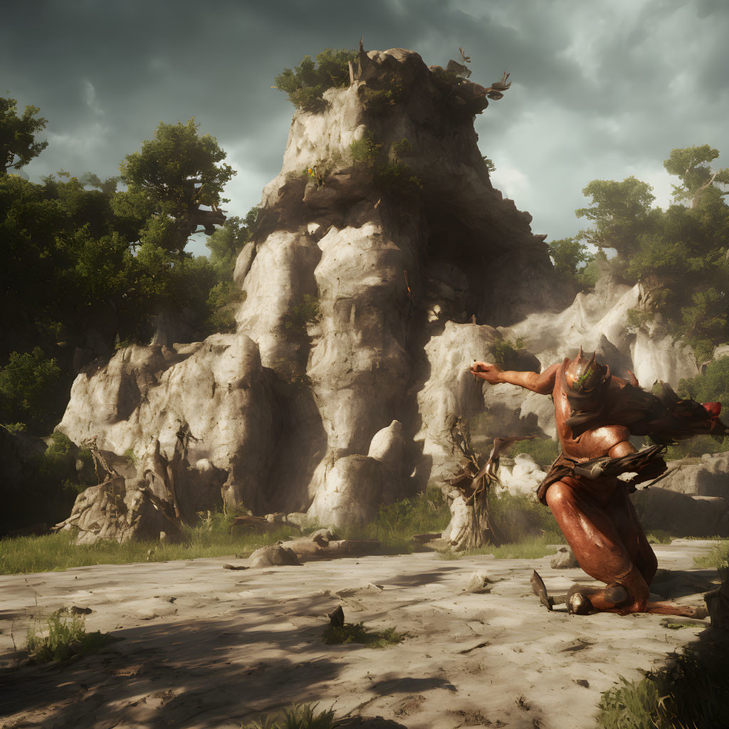 Warrior in Red Armor Kneeling Before Sunlit Rocky Outcrop