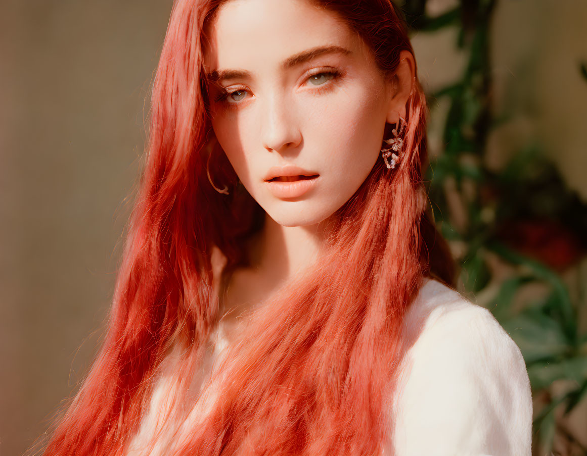 Pinkish-red-haired woman in white top and earrings gazes at camera