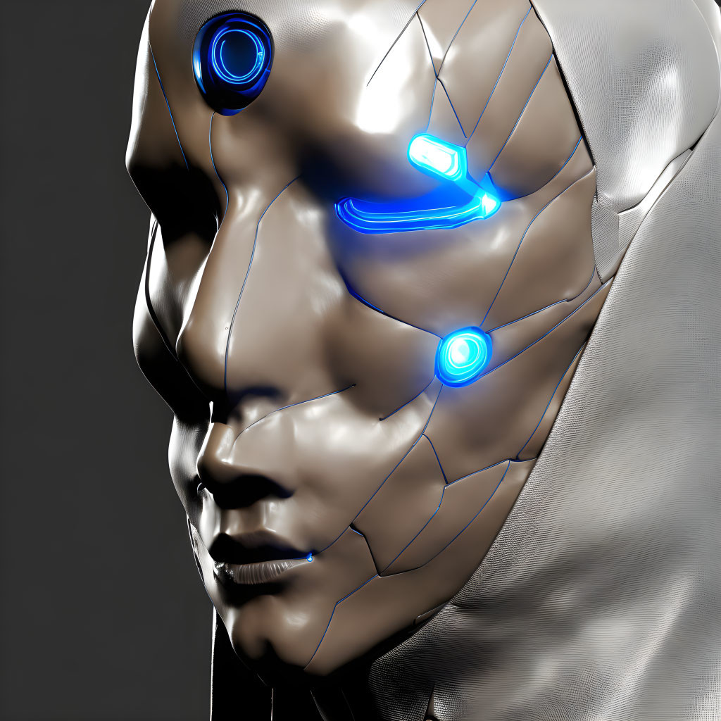 Humanoid Robot Face with Metallic Skin and Blue Illuminated Eyes