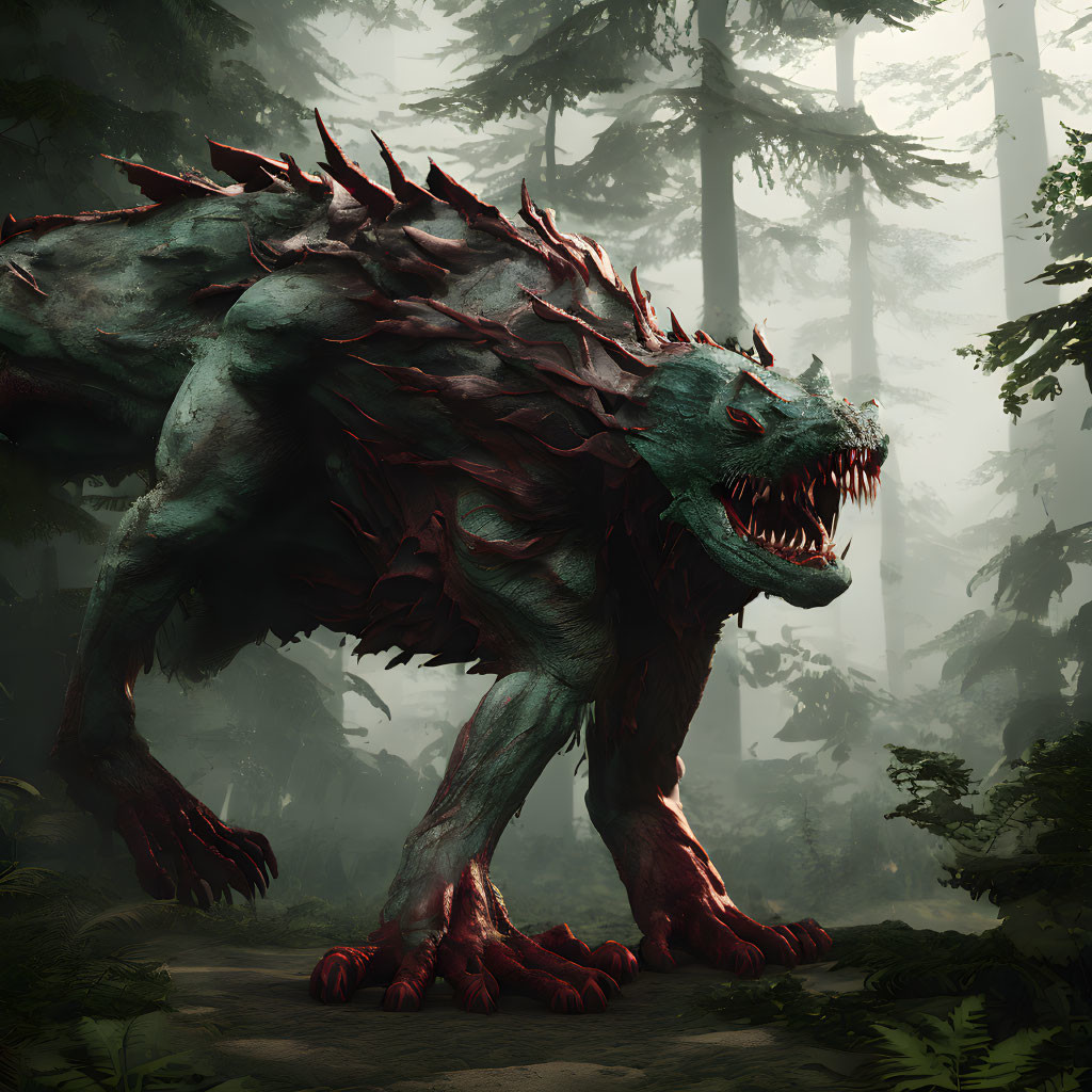 Menacing beast with sharp spines and red accents in misty forest