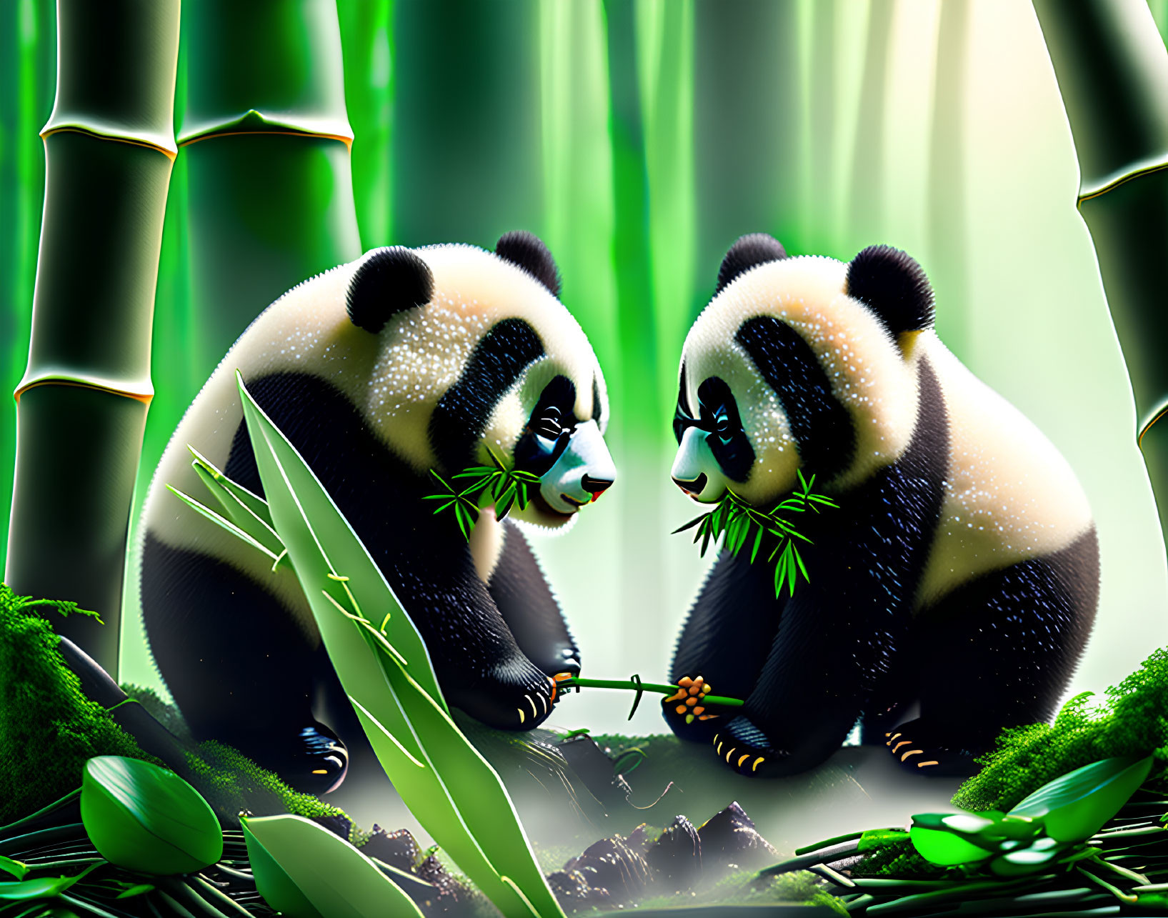 Pandas sharing bamboo in mystical forest scene