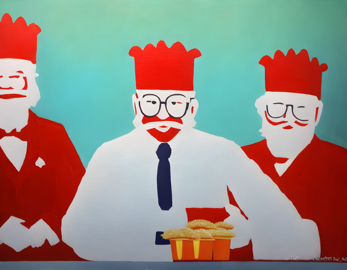 Stylized red-suited figures on teal background with fried chicken bucket