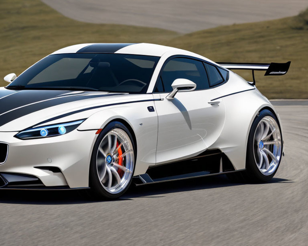 White Sports Car with Black Accents on Racetrack: Blue LED Headlights & Rear Spoiler