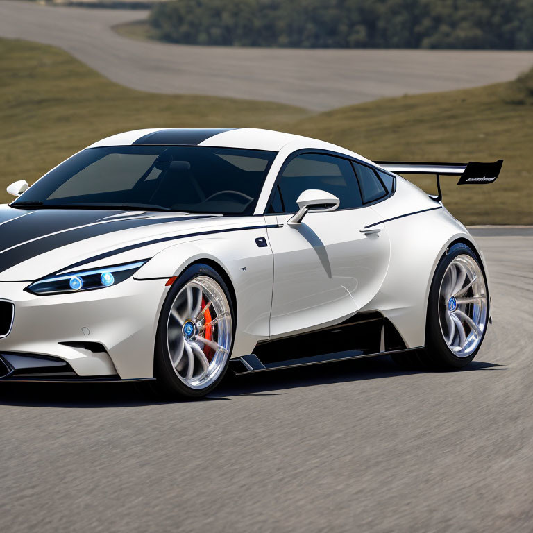 White Sports Car with Black Accents on Racetrack: Blue LED Headlights & Rear Spoiler