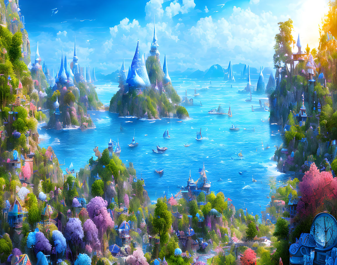 Fantasy landscape with floating islands, castles, colorful flora & boats in sparkling sea