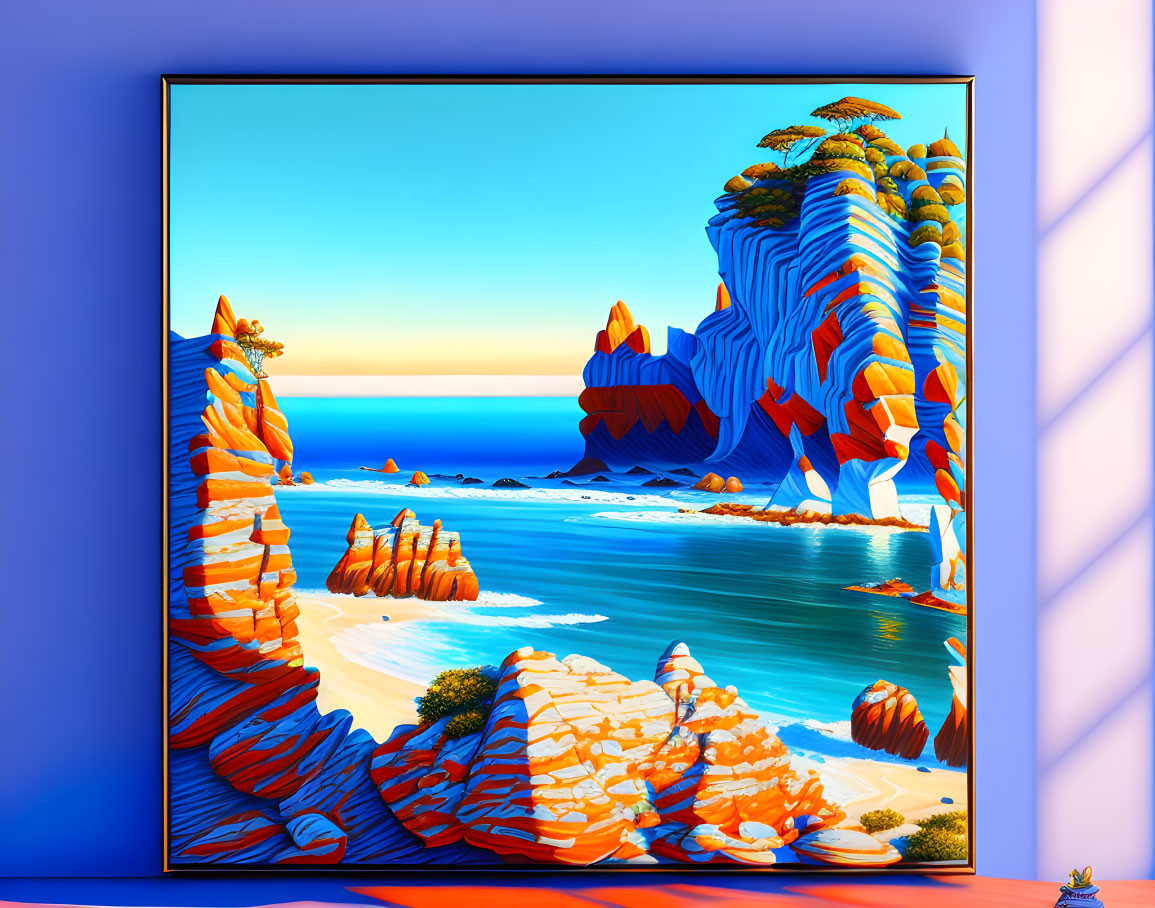 Surreal landscape with stylized rock formations by serene seaside