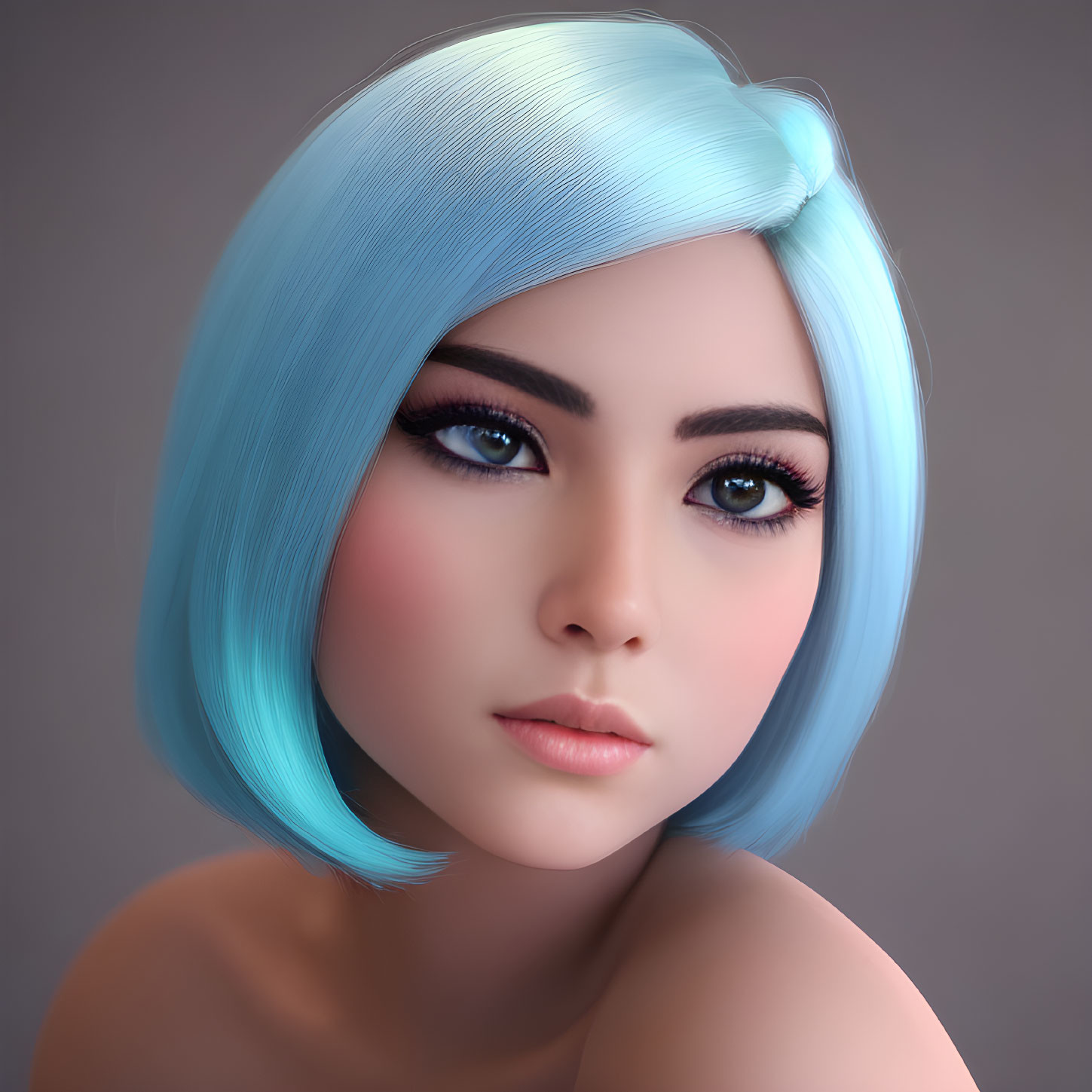 Female 3D digital portrait with sky-blue bob haircut and dark eyes