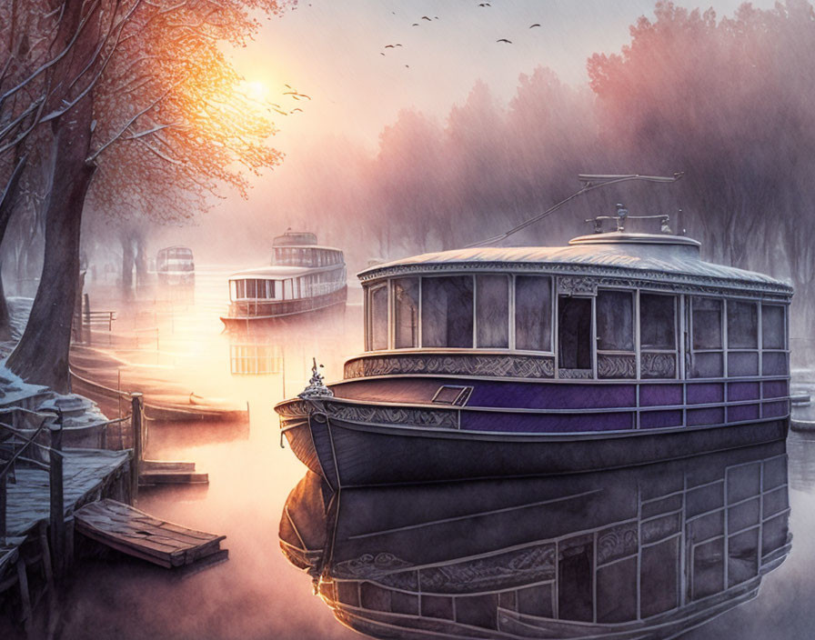 Misty river scene with boats, sun peeking, birds flying