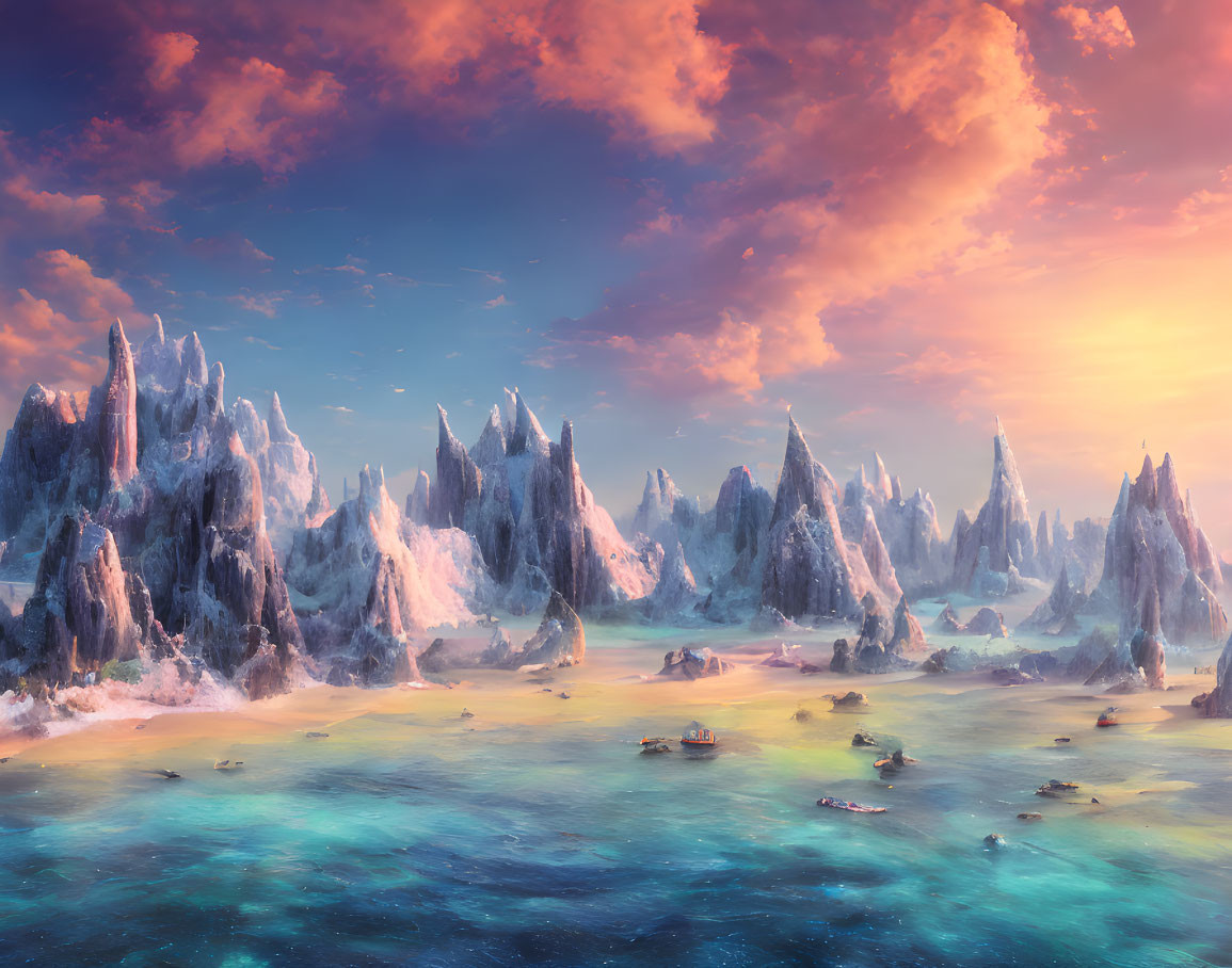 Jagged icy formations under colorful sky in surreal landscape