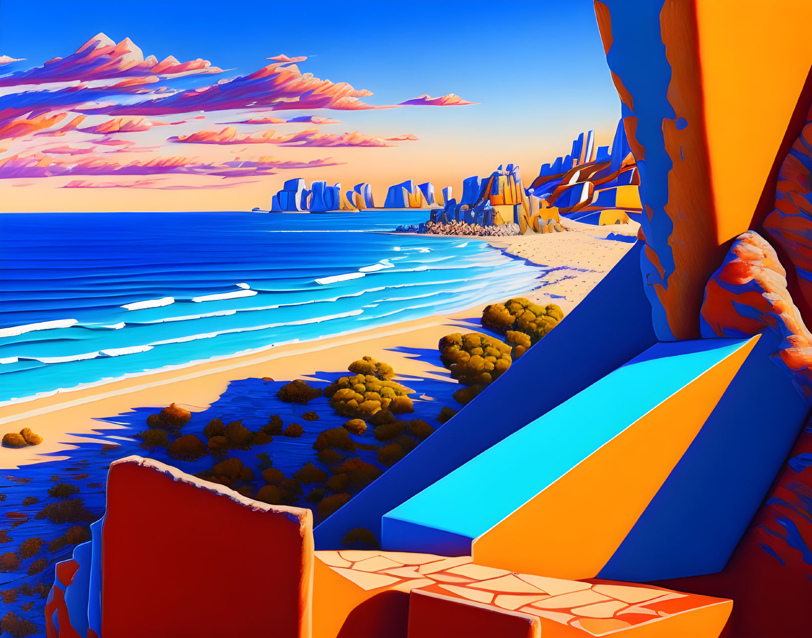 Colorful Beach Scene with Geometric Cliffs and Serene Ocean