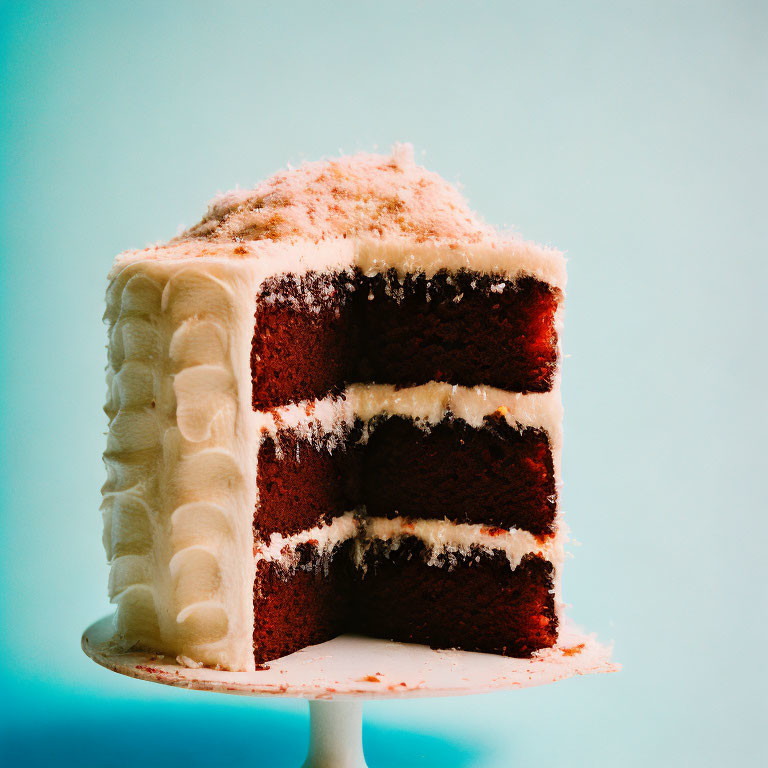 Red Velvet Cake with Creamy Layers on White Stand Against Teal Background