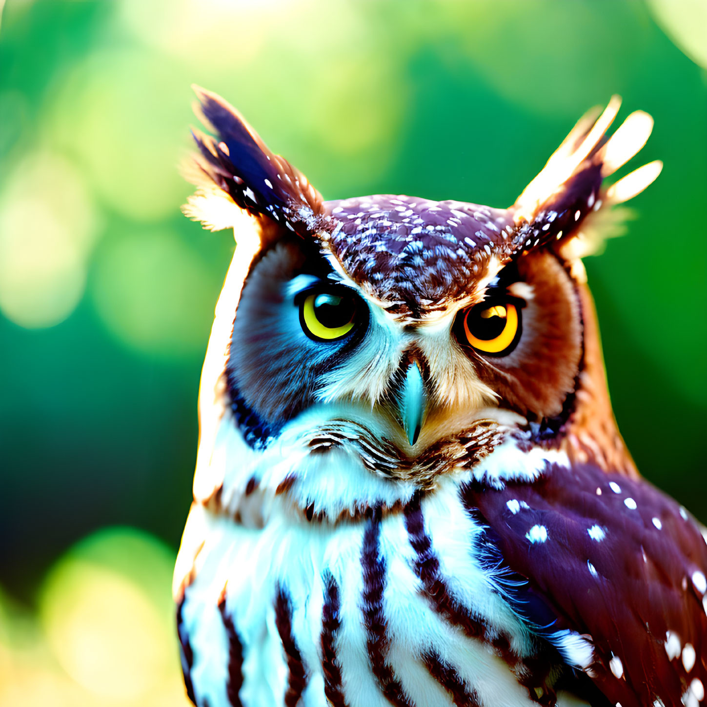 Great Horned Owl Close-Up with Yellow Eyes and Tufted Ears on Green Background