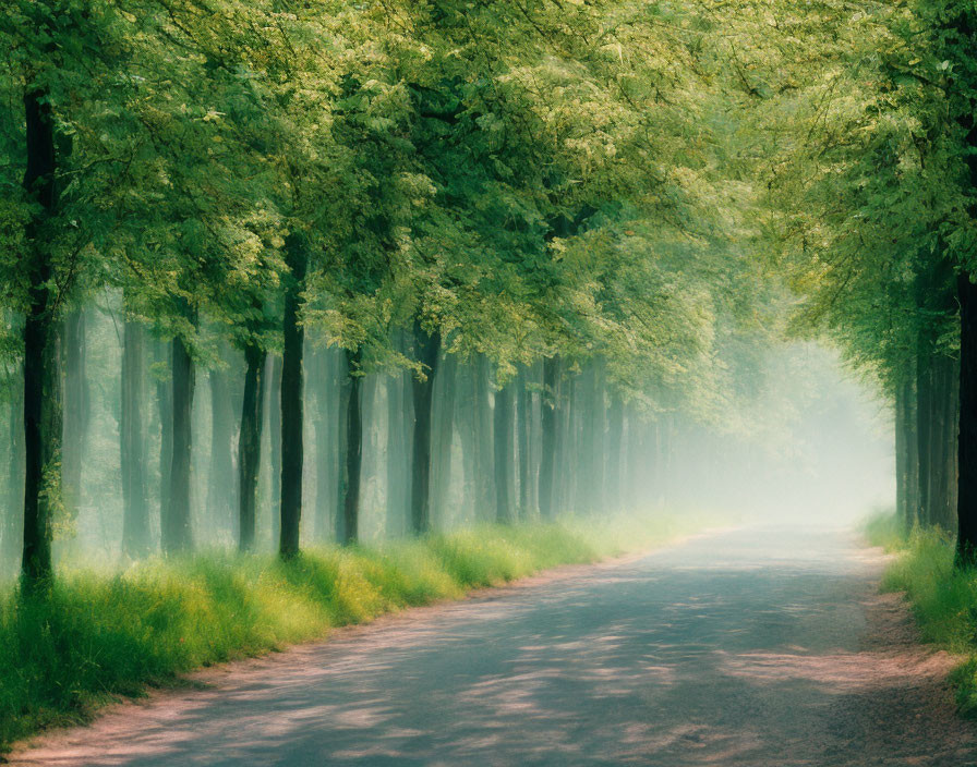 Tranquil tree-lined path with mist and sunlight filtering through canopy