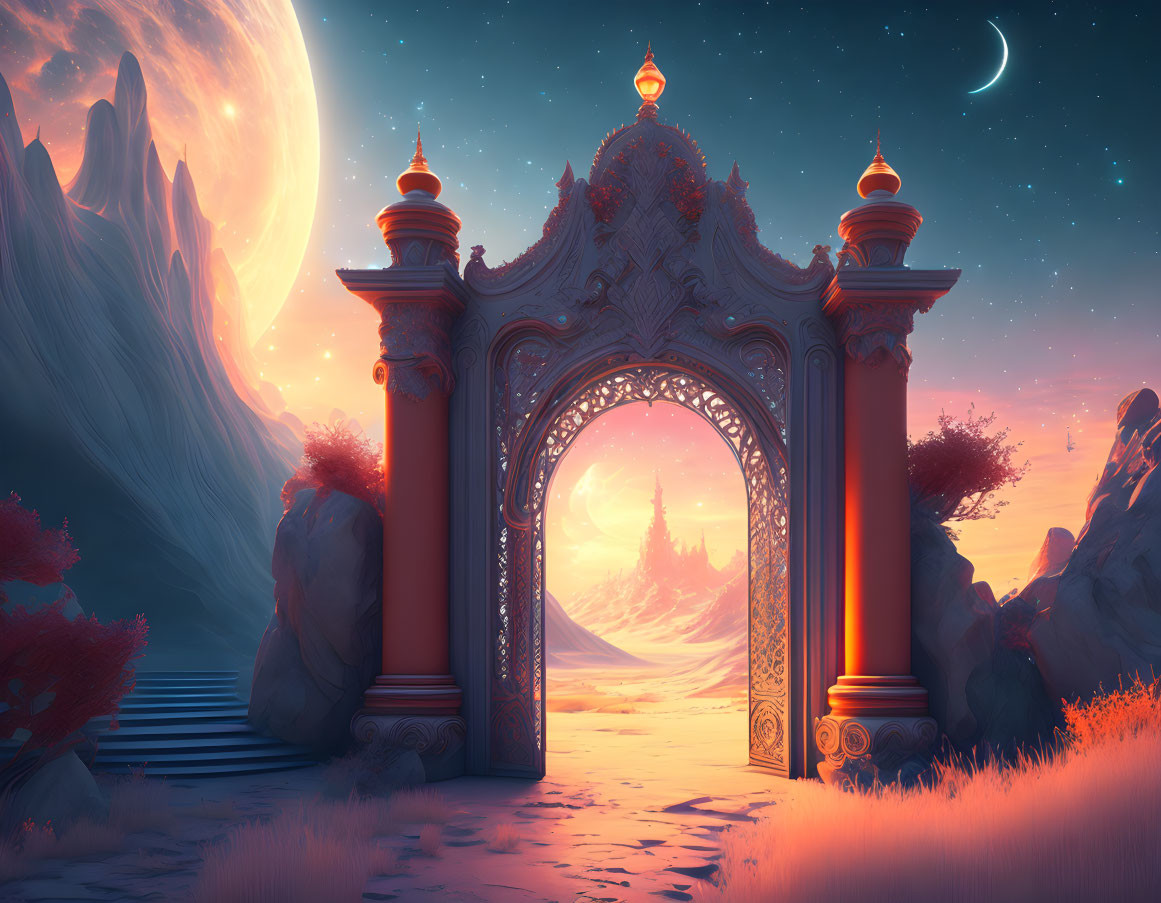 Ornate gate at sunset with crescent moon, lanterns, and mountainous landscape