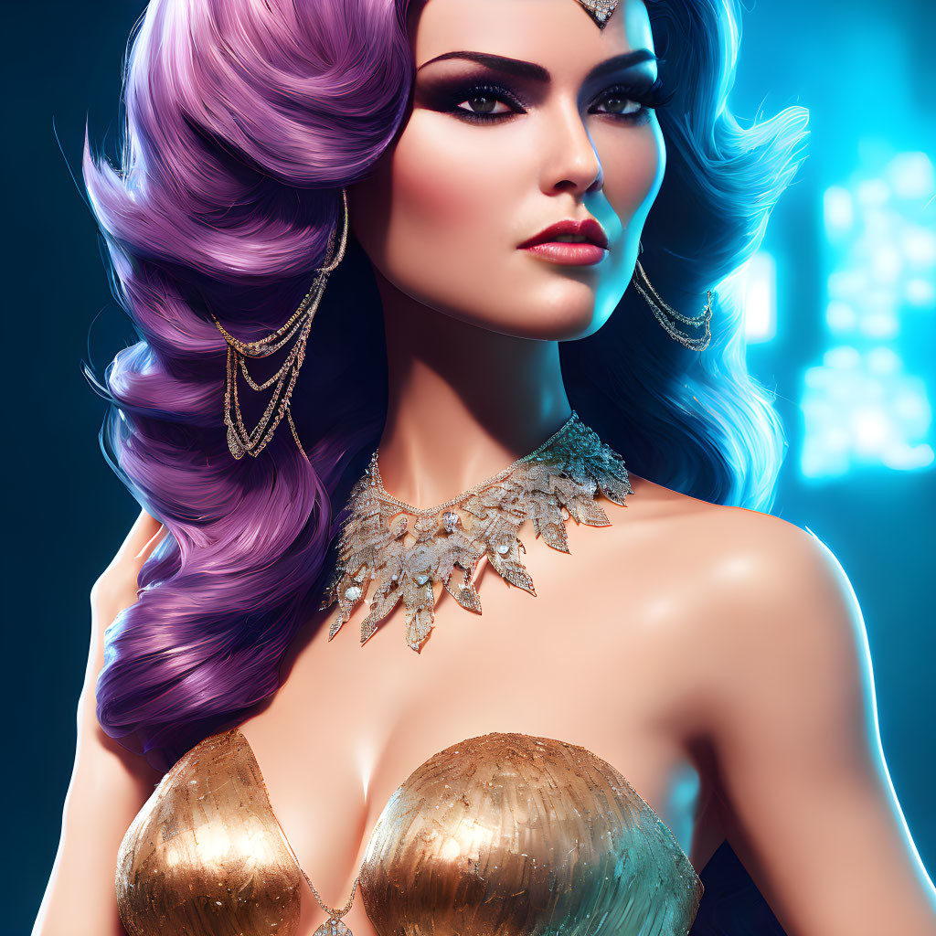 Stylized digital portrait of woman with purple hair and striking makeup