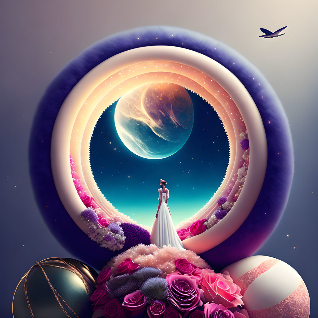 Surreal illustration of woman in white dress under floral arch with planets and bird