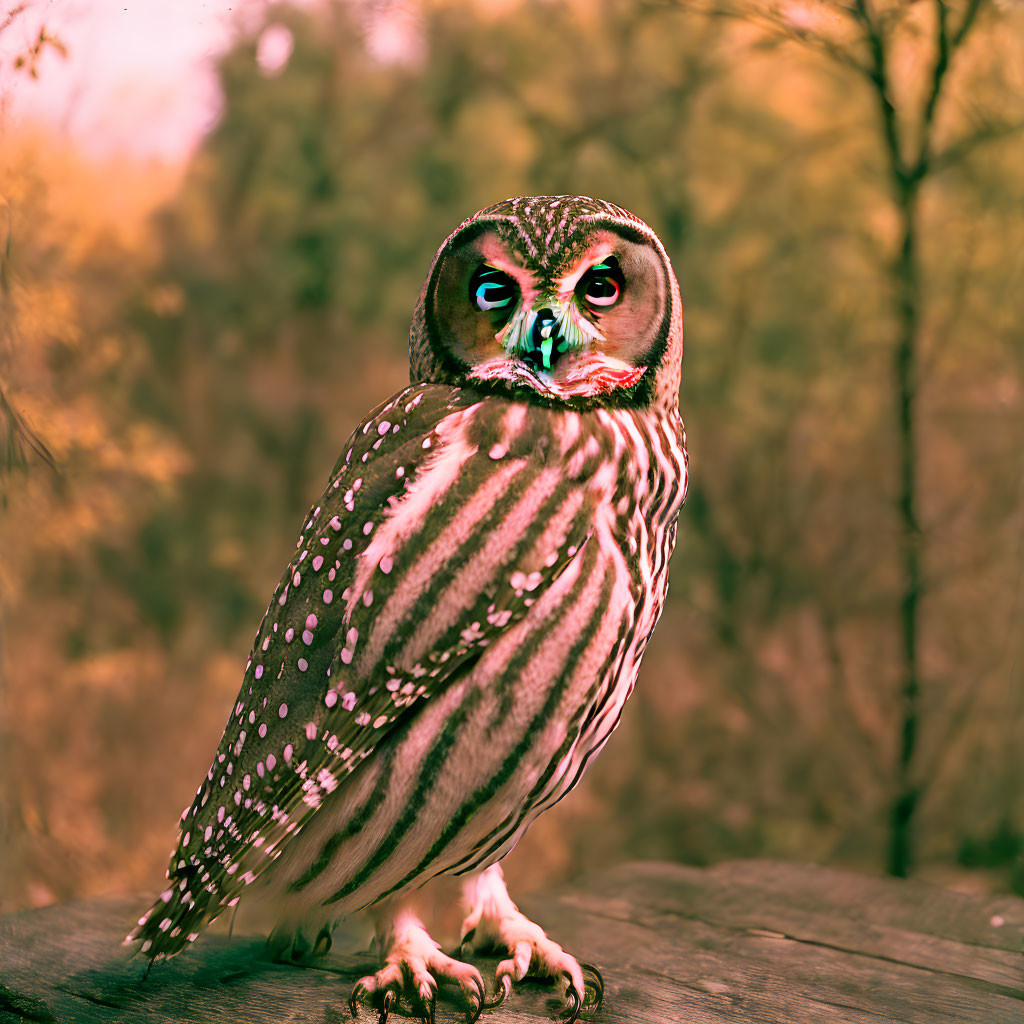 Close-Up Barred Owl on Wood with Autumn Foliage in Unique Colors