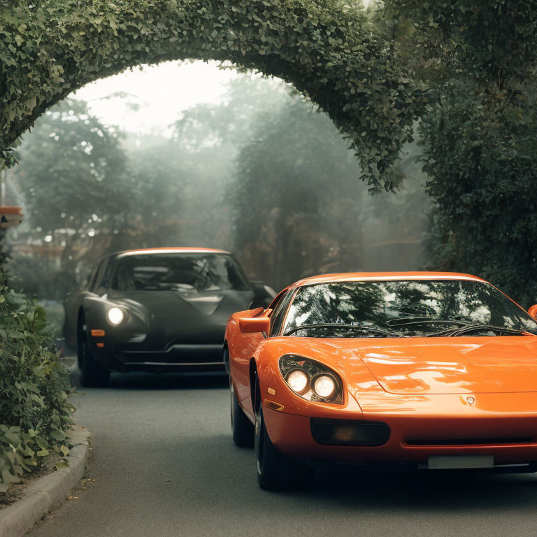 Vibrant orange sports car guiding dark vehicle under leafy archway.