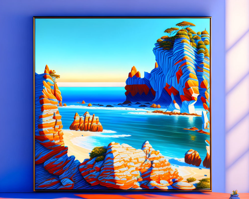 Surreal landscape with stylized rock formations by serene seaside