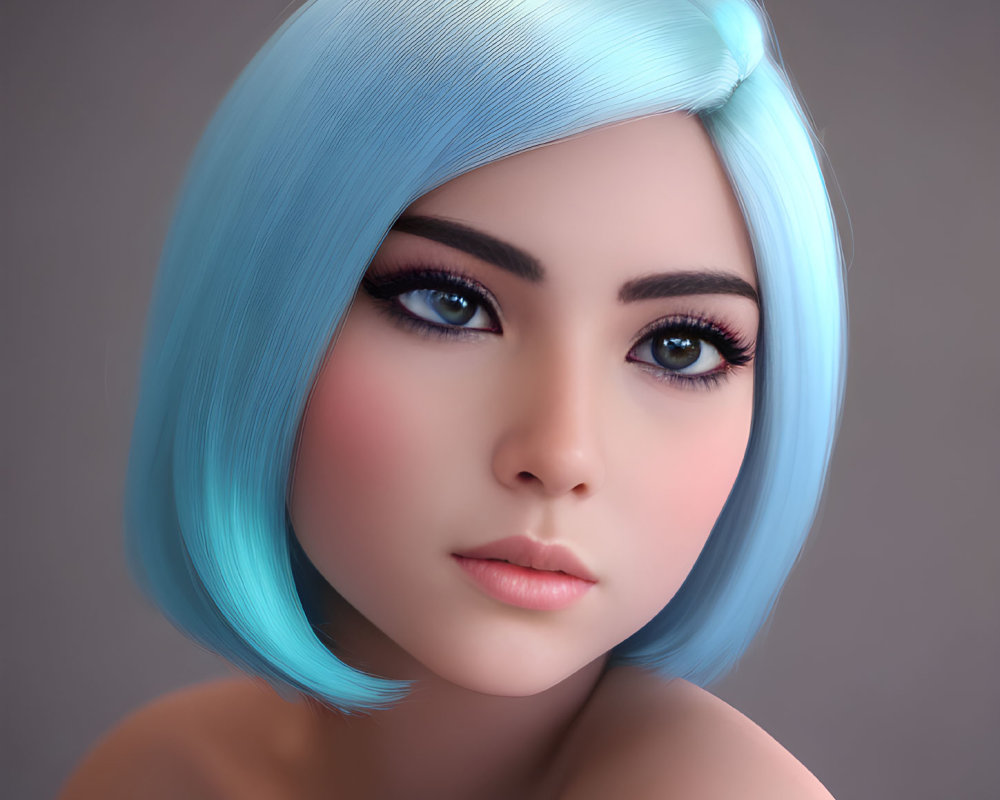 Female 3D digital portrait with sky-blue bob haircut and dark eyes