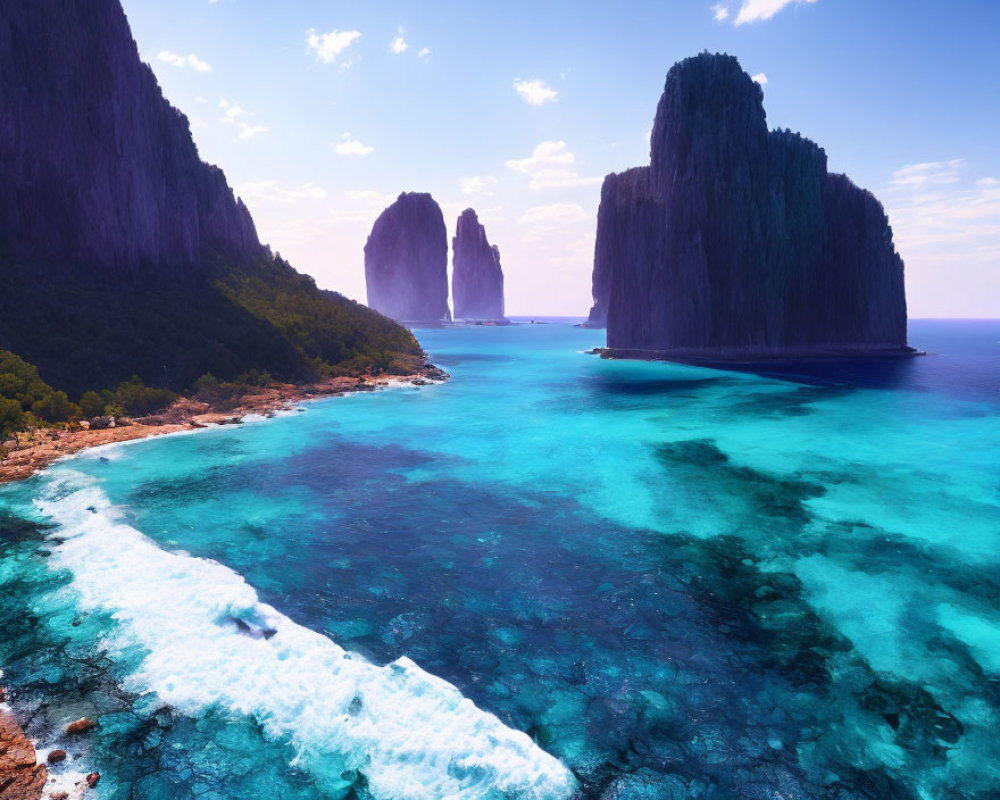 Scenic coastal view: turquoise waters, white surf, towering cliffs, purple sky