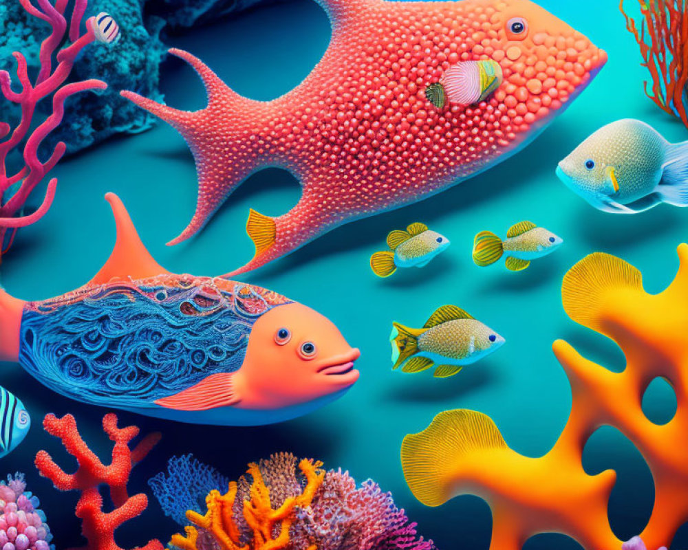 Colorful Stylized Fish and Coral Reefs in Vibrant Underwater Scene