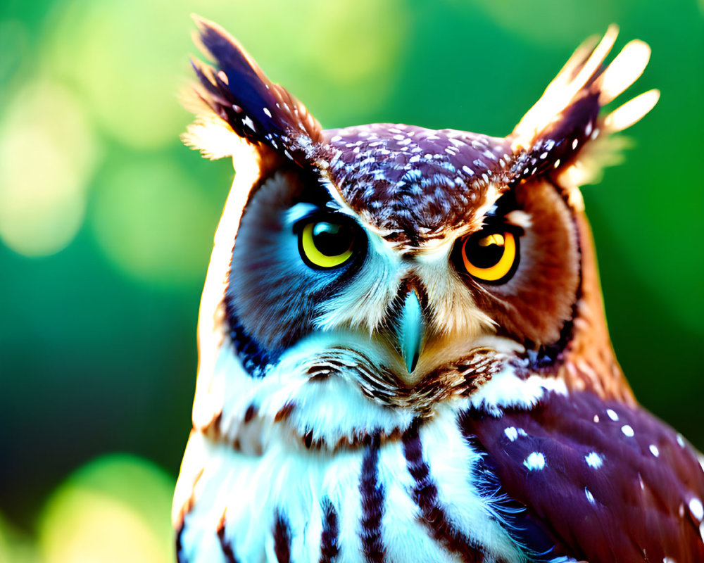 Great Horned Owl Close-Up with Yellow Eyes and Tufted Ears on Green Background