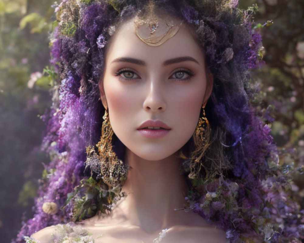 Portrait of Woman with Purple Floral Hair Adornments and Golden Accessories