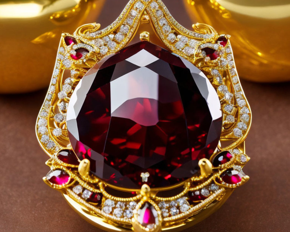 Luxurious Red Gemstone Pendant with Gold Filigree & Diamonds