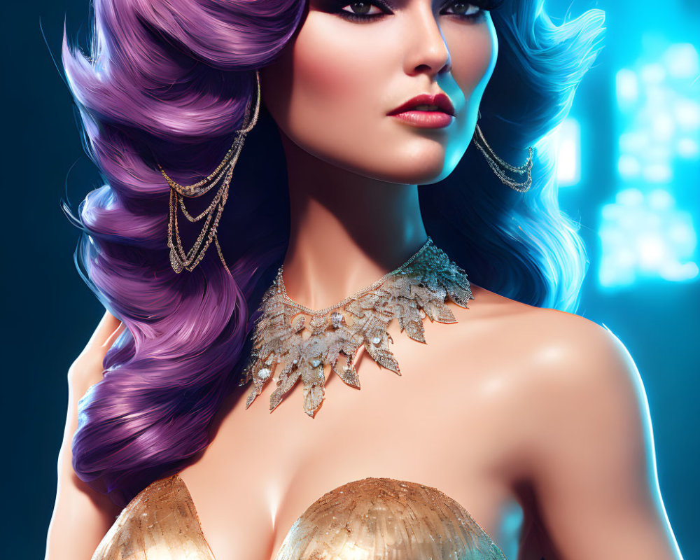 Stylized digital portrait of woman with purple hair and striking makeup