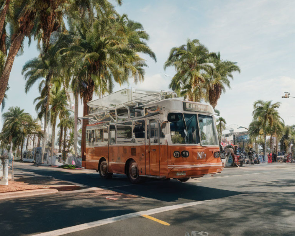 Sunlit Street Scene: Orange Trolley Bus & Palm Trees