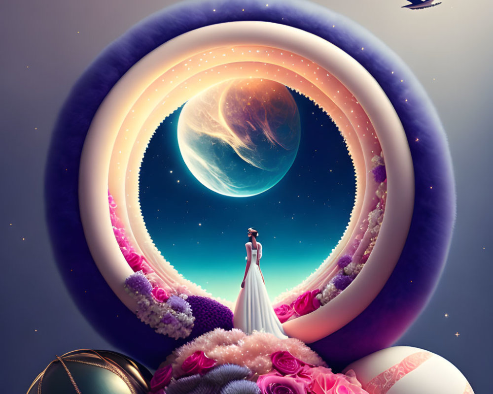 Surreal illustration of woman in white dress under floral arch with planets and bird