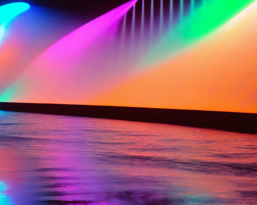 Colorful light display with magenta, blue, and green hues on glossy surface