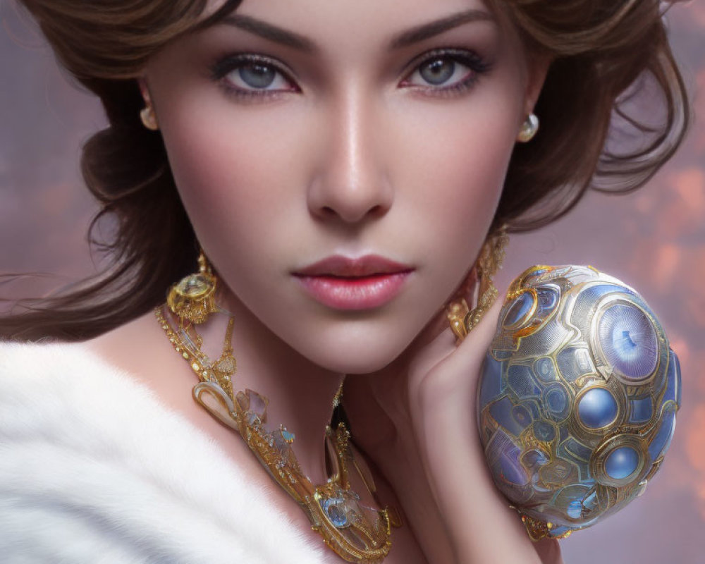 Portrait of a woman in white fur wrap and gold jewelry holding a decorative orb