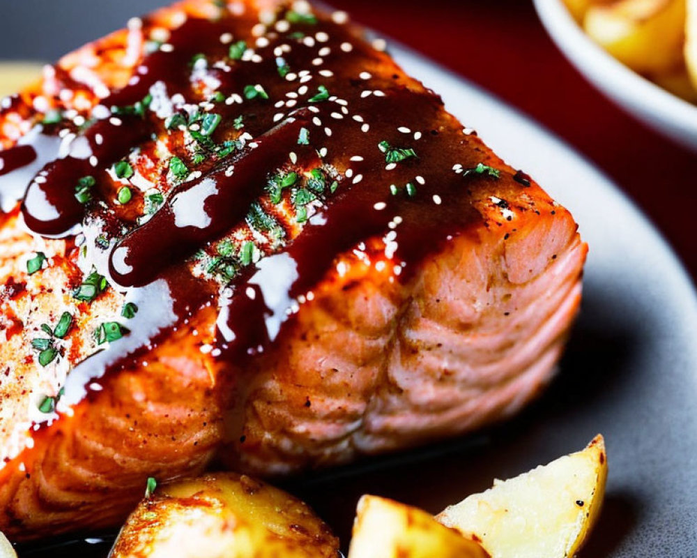 Grilled Salmon Fillet with Sesame and Herb Glaze on Dark Plate