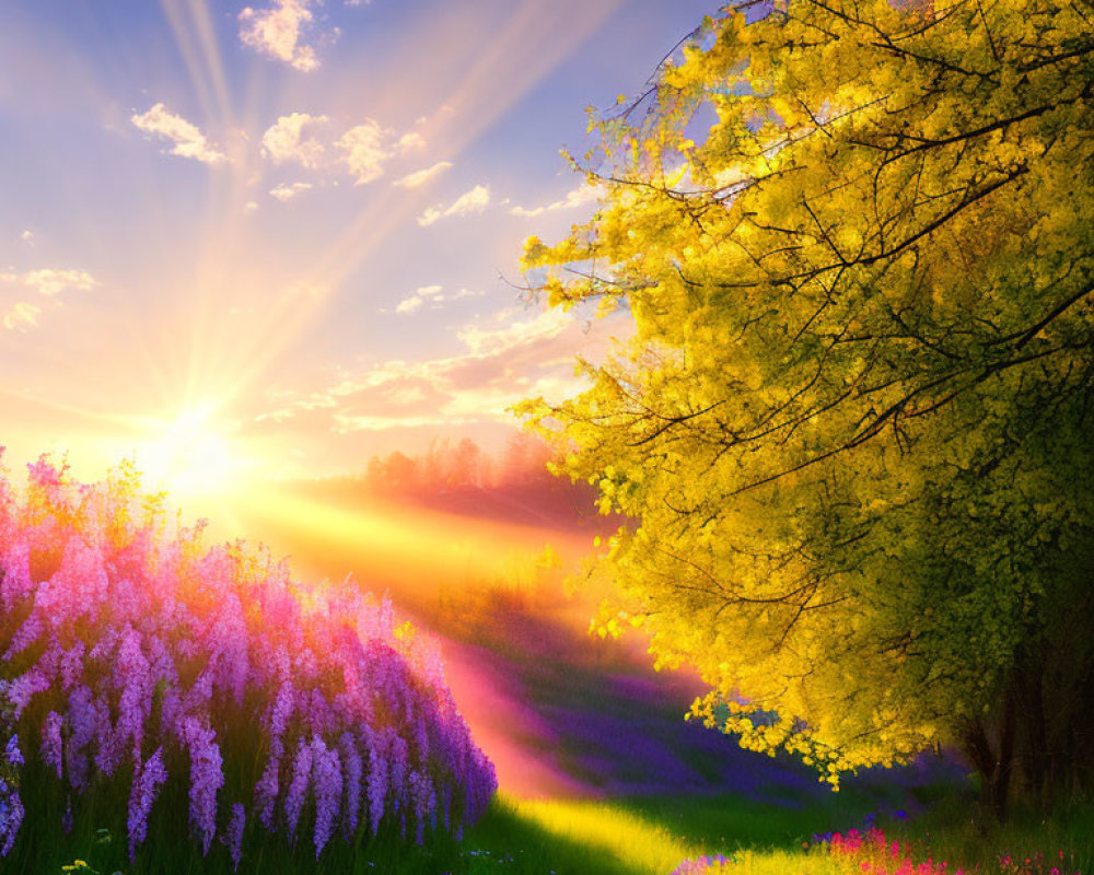 Colorful Sunrise Over Vibrant Meadow with Blooming Flowers