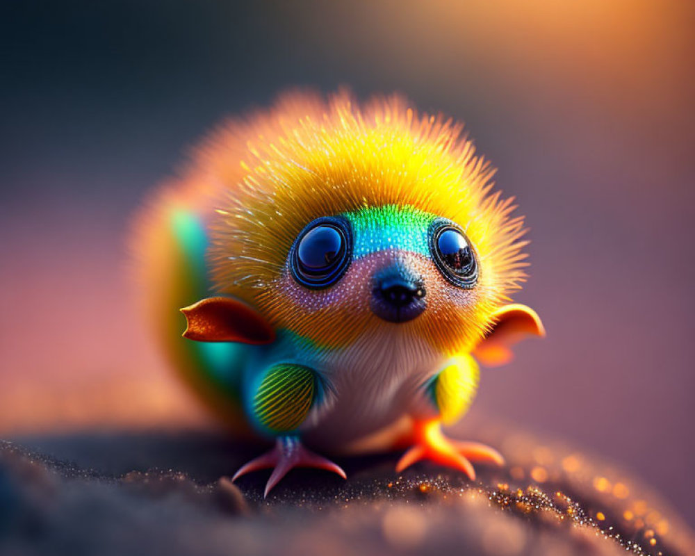 Colorful fantastical creature with bright fur and large blue eyes in warm ambient light