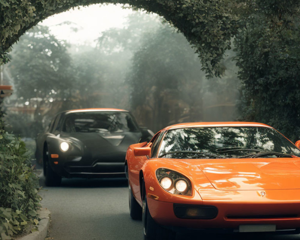 Vibrant orange sports car guiding dark vehicle under leafy archway.