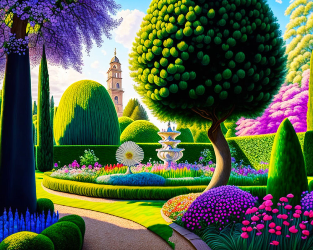 Lush garden with manicured bushes, colorful flowers, trees, fountain, and building under blue sky