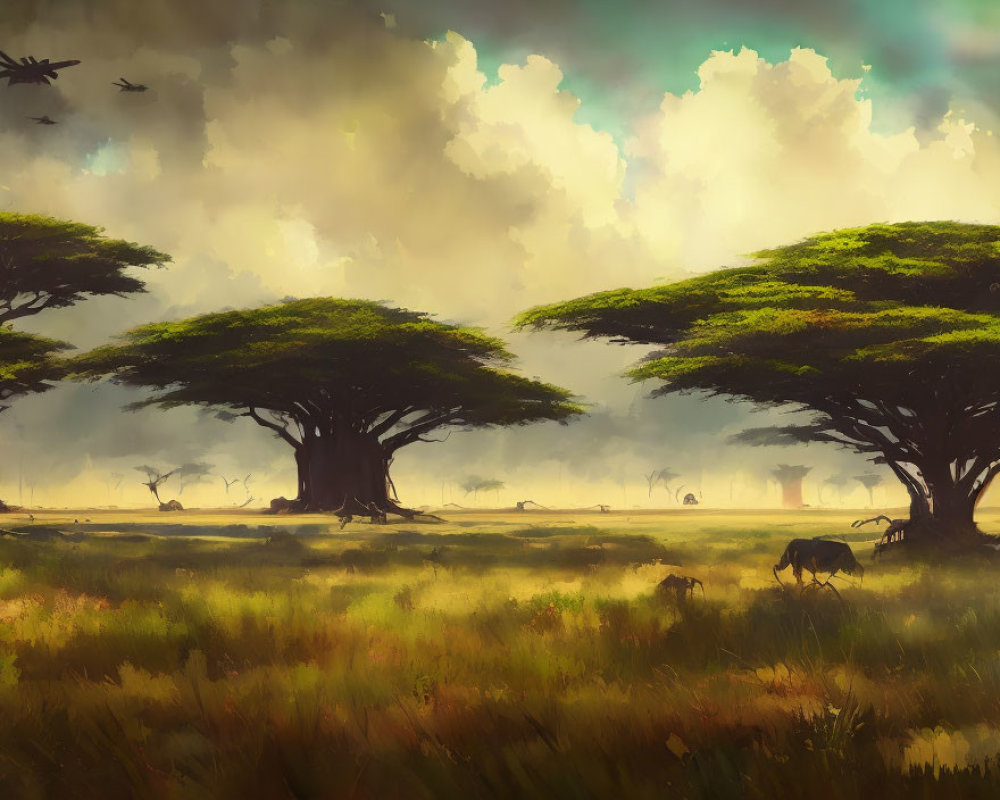 Savannah landscape with acacia trees, grazing animals, and birds under cloudy sky