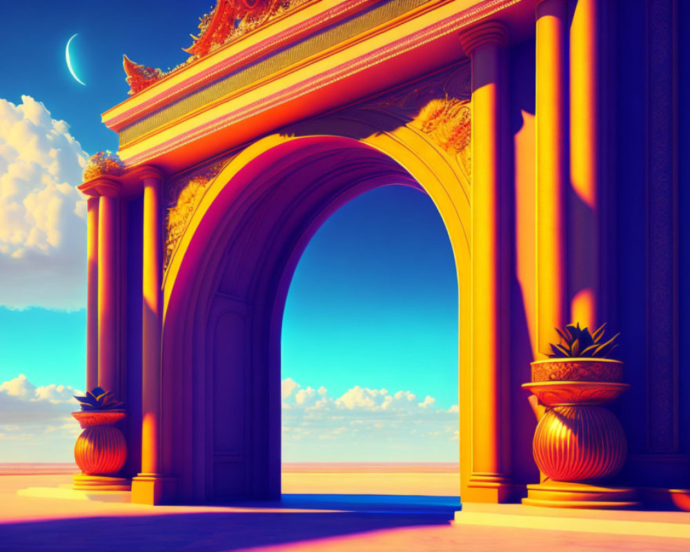 Golden ornate archway with vases under crescent moon