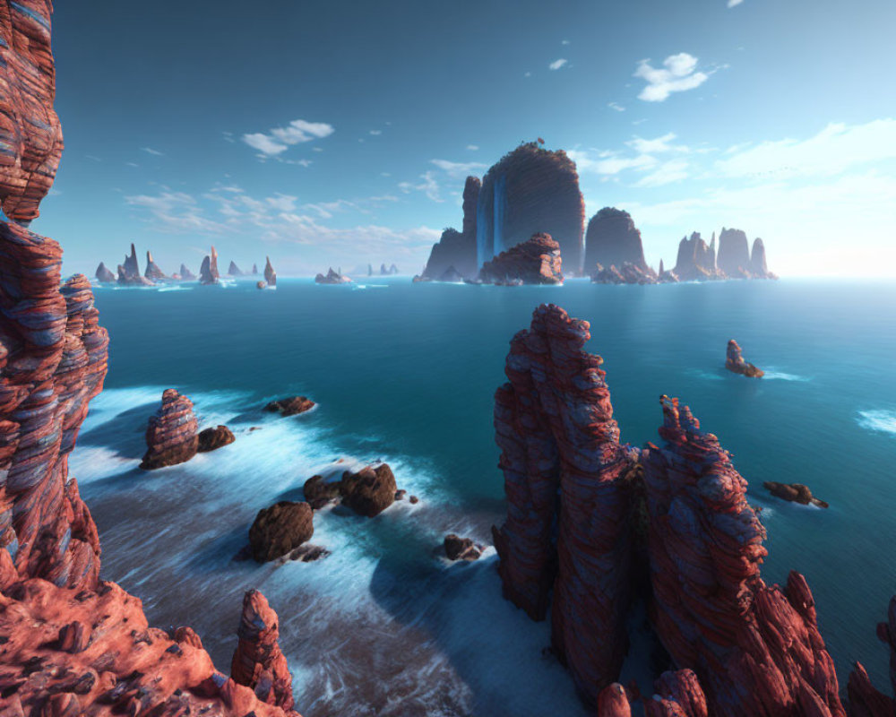 Tranquil Seascape with Red Rock Formations and Blue Waters