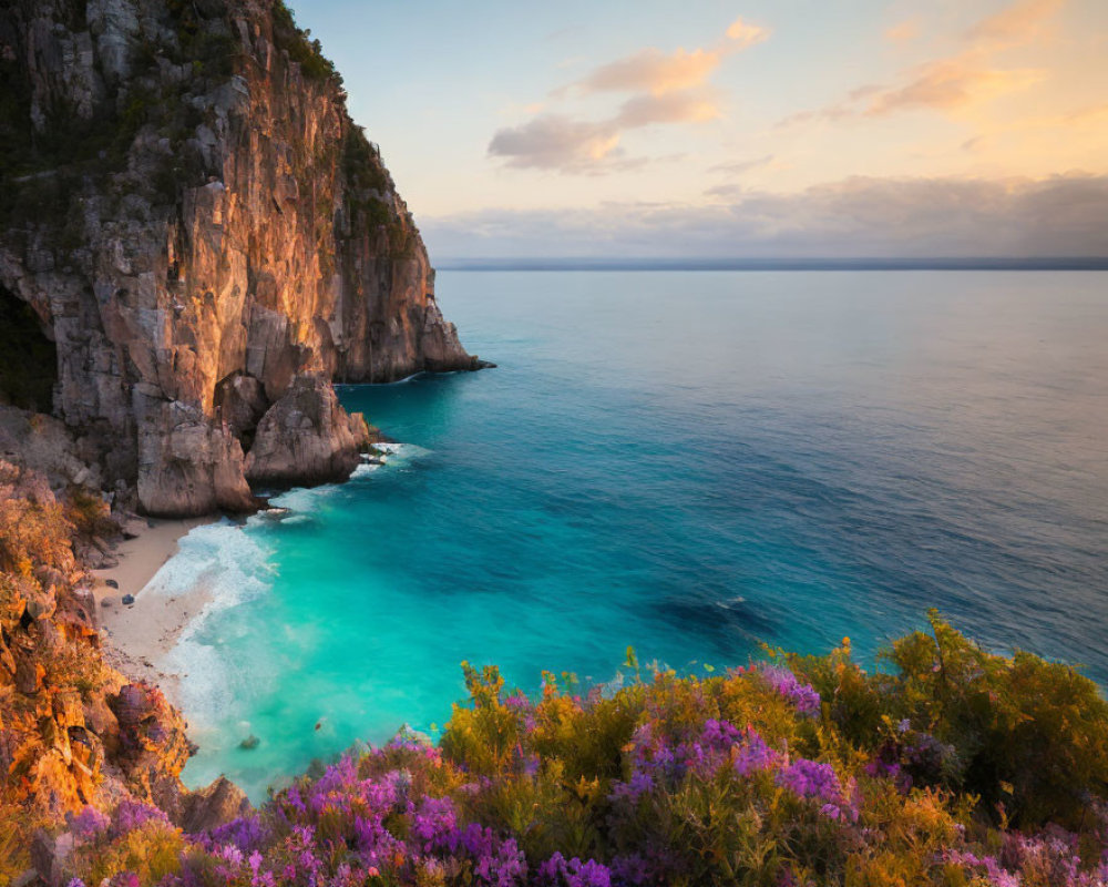 White Sand Beach Cove with Steep Cliffs and Purple Flowers at Sunset