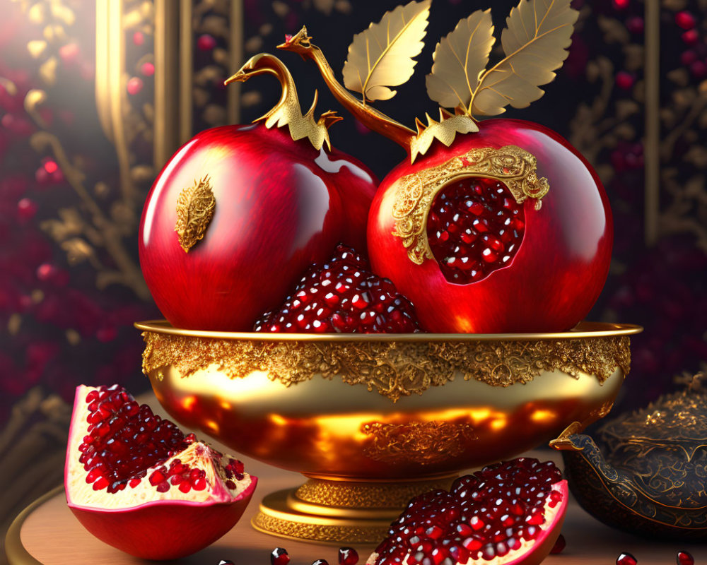 Ornate Golden-Rimmed Pomegranates on Luxurious Table