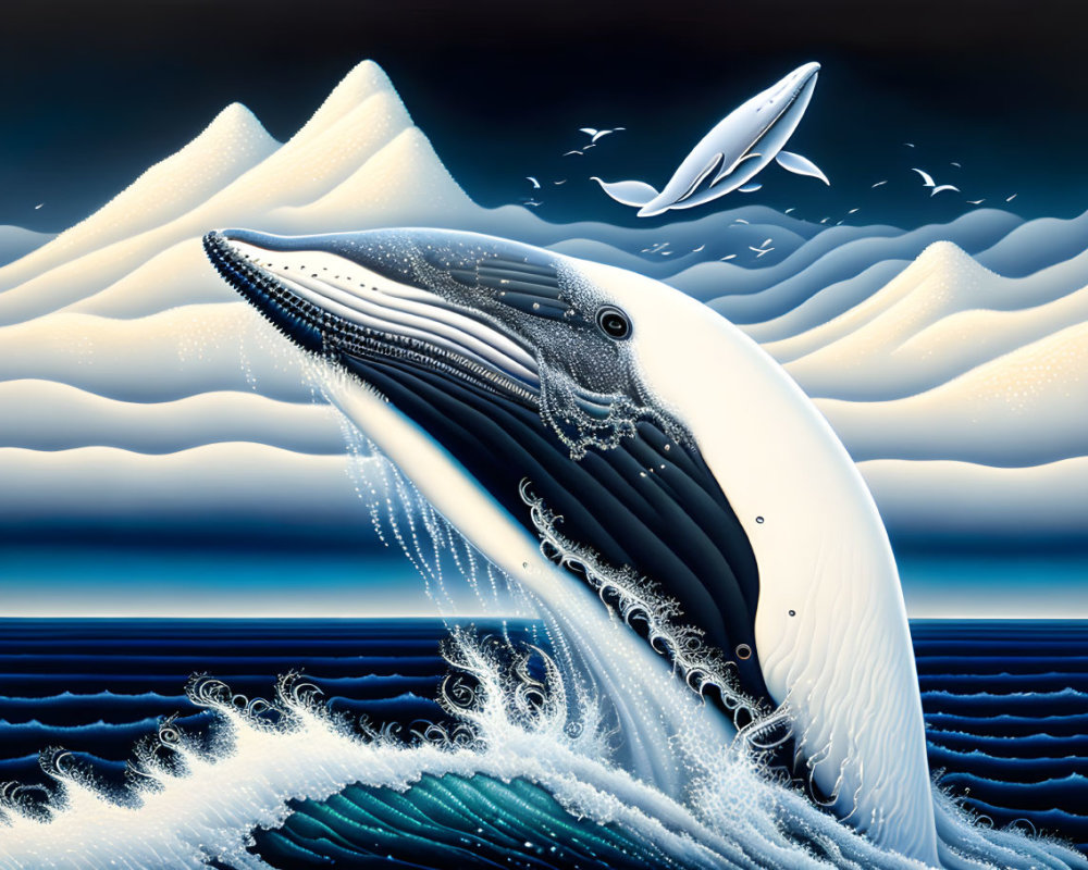 Stylized illustration of breaching humpback whale in surreal landscape