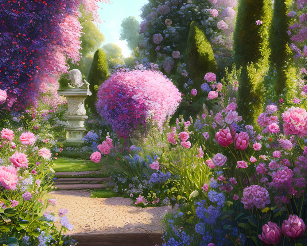 Vibrant garden with pink tulips, purple bushes, stone path, and classic statue