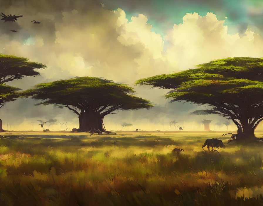 Savannah landscape with acacia trees, grazing animals, and birds under cloudy sky