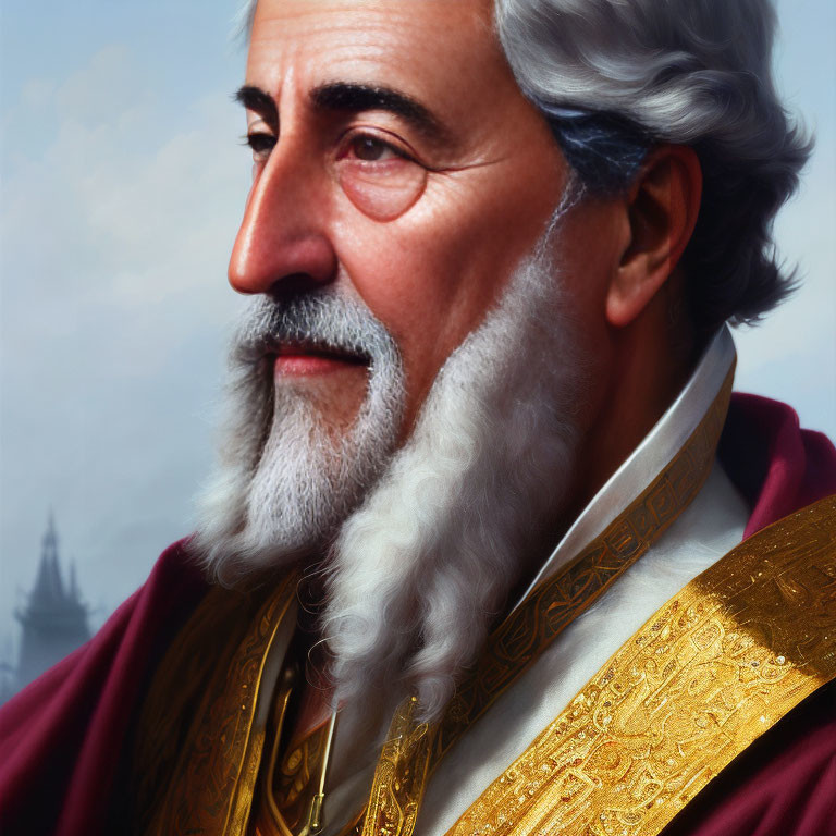 Elderly gentleman in regal red robe with white beard