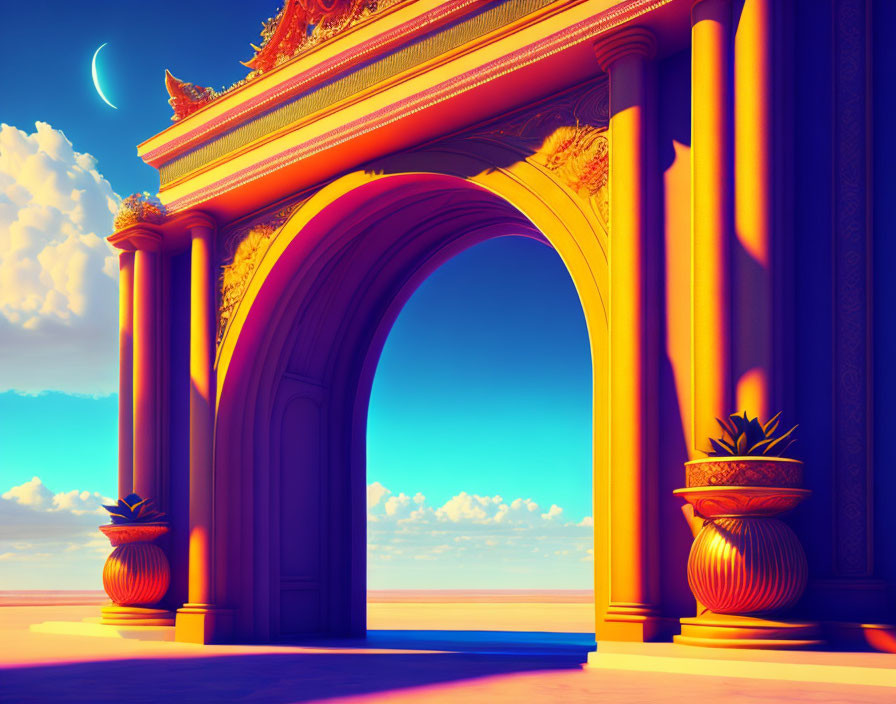 Golden ornate archway with vases under crescent moon